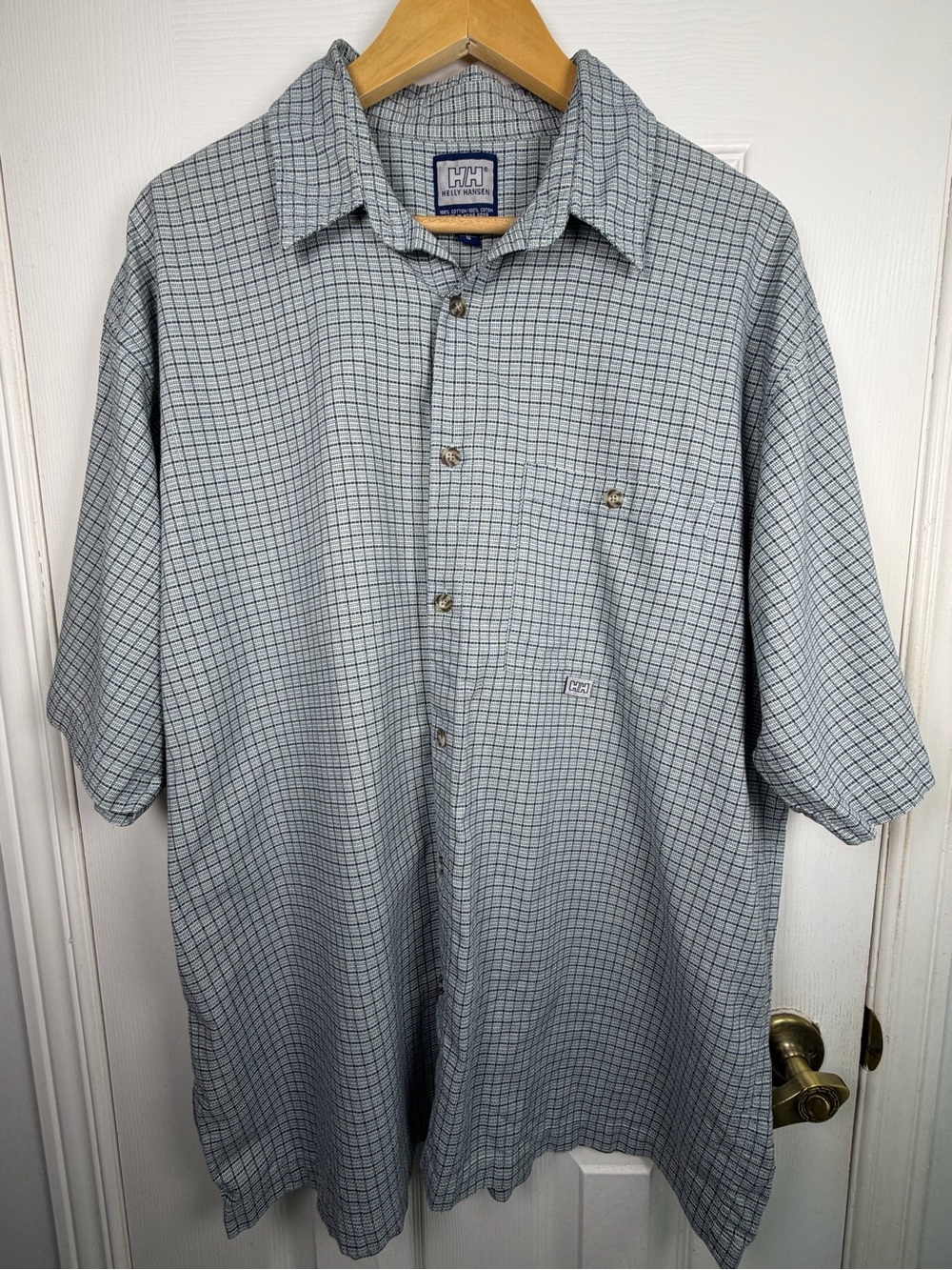 Helly Hansen Men's Blue Check Button-Down Shirt L Tall 100% Cotton Short Sleeve